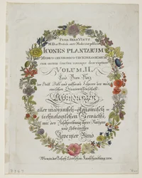 Frontespizio e pagina del titolo, Vol. II, da Icones Plantarum Medico-Oeconomico-Technologicarum cum Earum Fructus ususque Descriptione, 1804